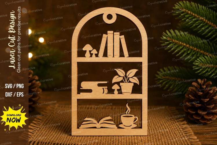 Arched Bookshelf Ornament Books Plants Coffee Cup Open Book