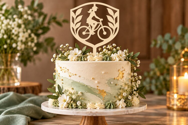 Shield Bicycle Rider Cake Topper Laser Cut SVG PNG Design, example image 1