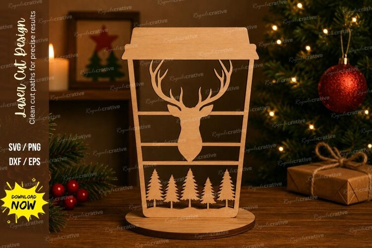 Deer Pine Cup Laser Cut SVG File deer pine cup svg, deer cof example image 1