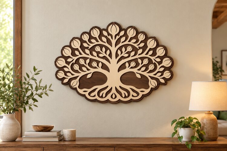 Wide Floral Tree of Life Wall Art Laser Cut SVG PNG Design, example image 1