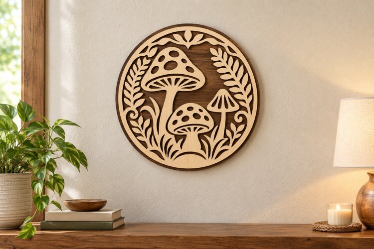 Round Mushroom Forest Wall Art Laser Cut SVG PNG Design example image 1