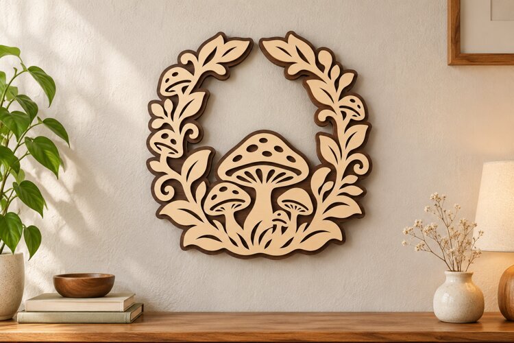 Mushroom Floral Wreath Wall Art Laser Cut SVG PNG Design example image 1