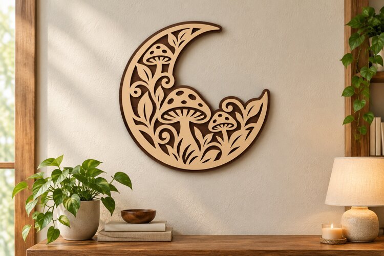 Crescent Mushroom Moon Wall Art Laser Cut SVG PNG Design example image 1