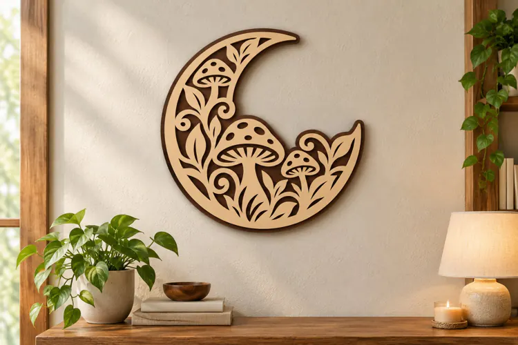 Crescent Mushroom Moon Wall Art Laser Cut SVG PNG Design