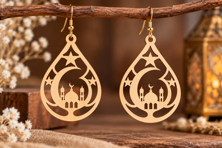 Teardrop Mosque Moon Earrings Laser Cut SVG PNG Design