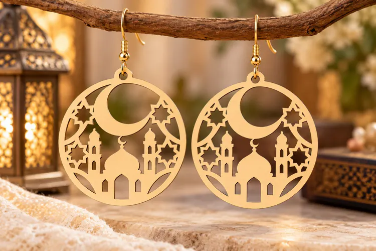 Crescent Mosque Round Earrings Laser Cut SVG PNG Design