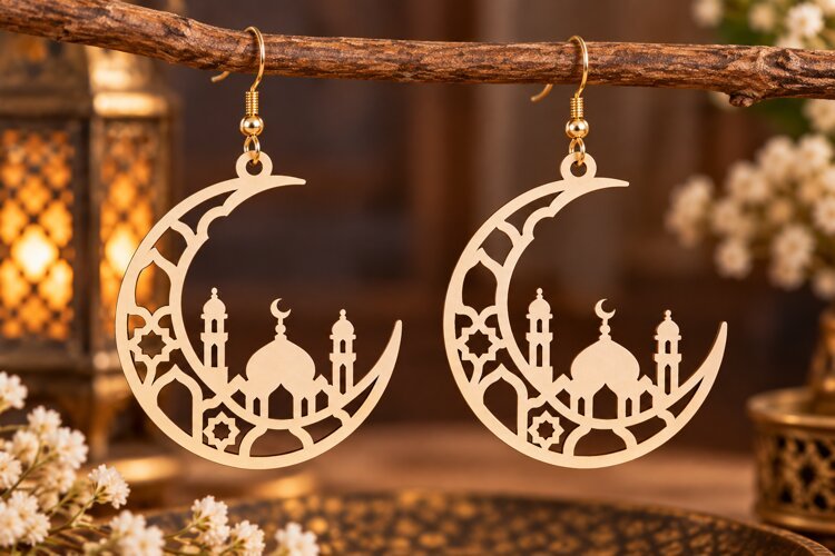 Ramadan Crescent Mosque Earrings Laser Cut SVG PNG Design example image 1