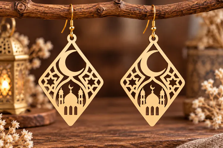 Diamond Crescent Mosque Earrings Laser Cut SVG PNG Design