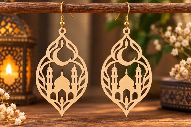 Ornate Teardrop Mosque Earrings Laser Cut SVG PNG Design example image 1