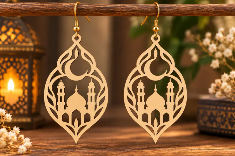 Ornate Teardrop Mosque Earrings Laser Cut SVG PNG Design