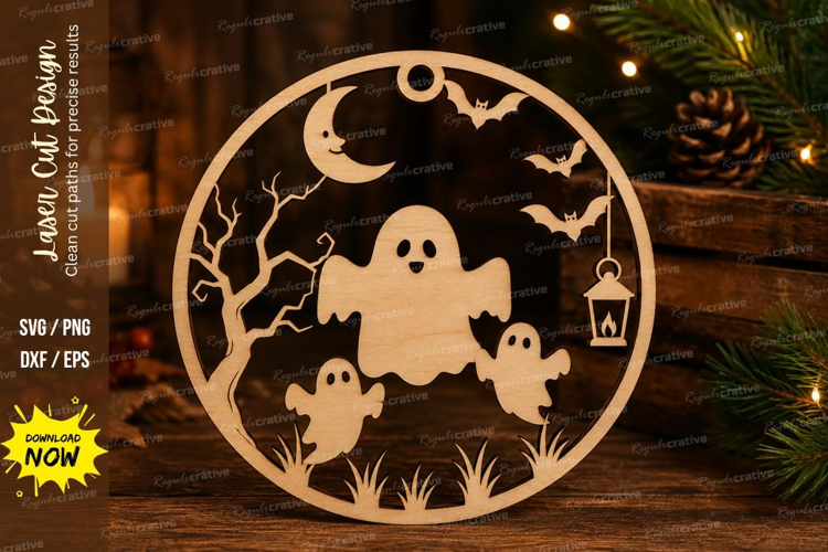 Ghost Moon Laser Cut SVG File ghost moon ornament, two ghost