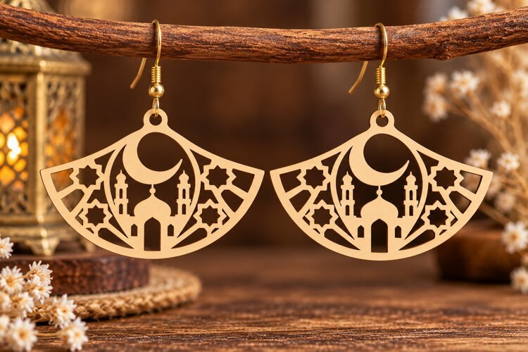 Fan Crescent Mosque Earrings Laser Cut SVG PNG Design, fan example image 1