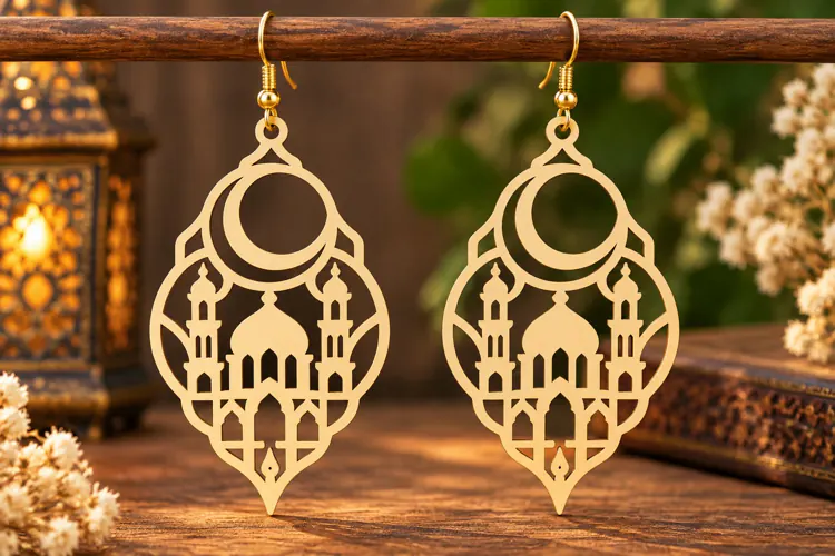 Crescent Floral Mosque Earrings Laser Cut SVG PNG Design