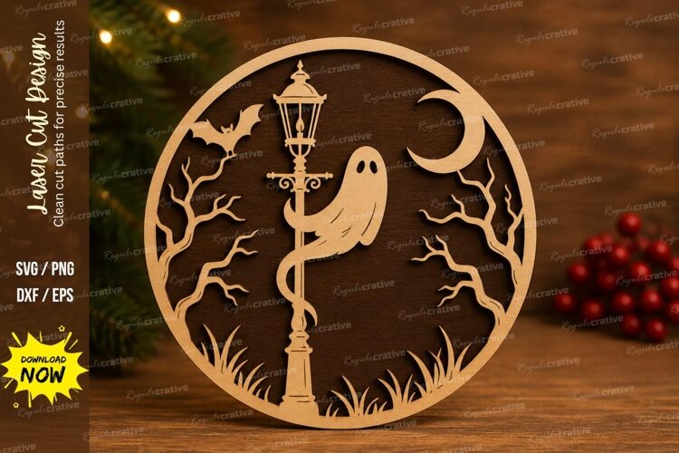 Lamp Post Ghost Laser Cut SVG File lamp post ghost ornament, example image 1