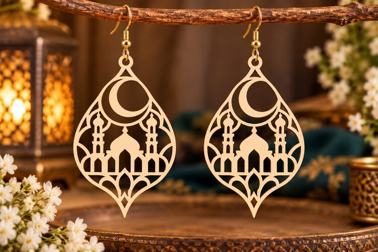 Teardrop Crescent Mosque Earrings Laser Cut SVG PNG Design example image 1
