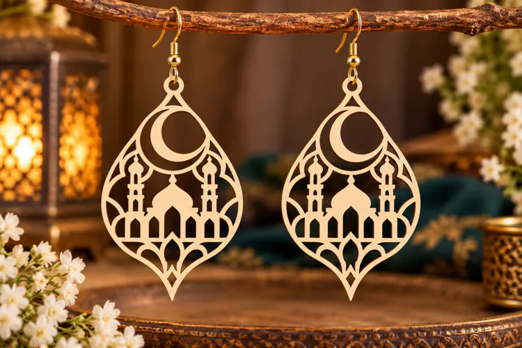 Teardrop Crescent Mosque Earrings Laser Cut SVG PNG Design