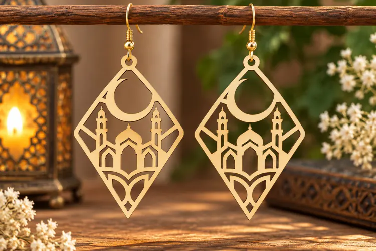 Geometric Crescent Mosque Earrings Laser Cut SVG PNG Design,