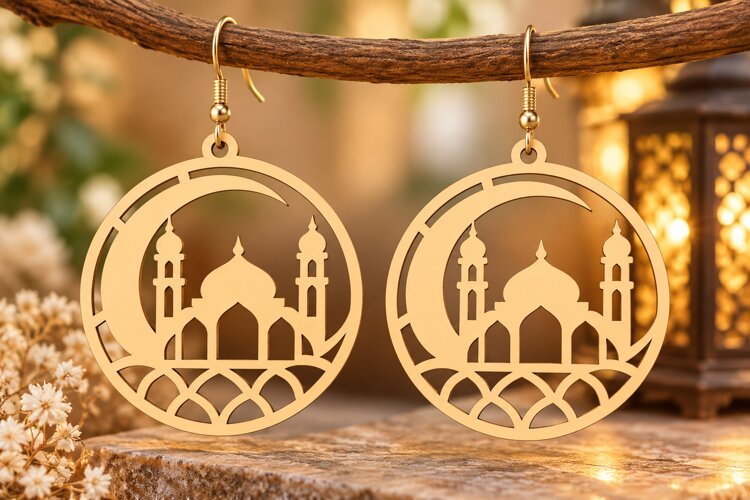 Round Crescent Mosque Earrings Laser Cut SVG PNG Design example image 1