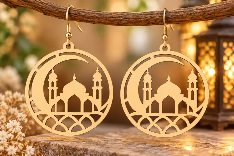 Round Crescent Mosque Earrings Laser Cut SVG PNG Design