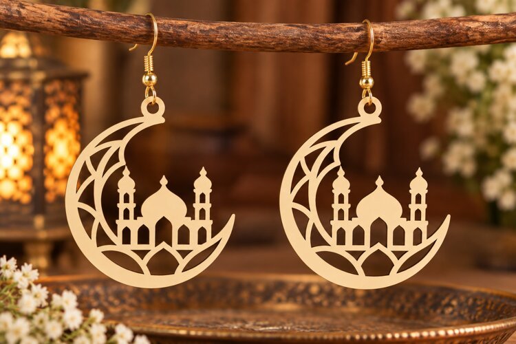 Crescent Moon Mosque Earrings Laser Cut SVG PNG Design example image 1