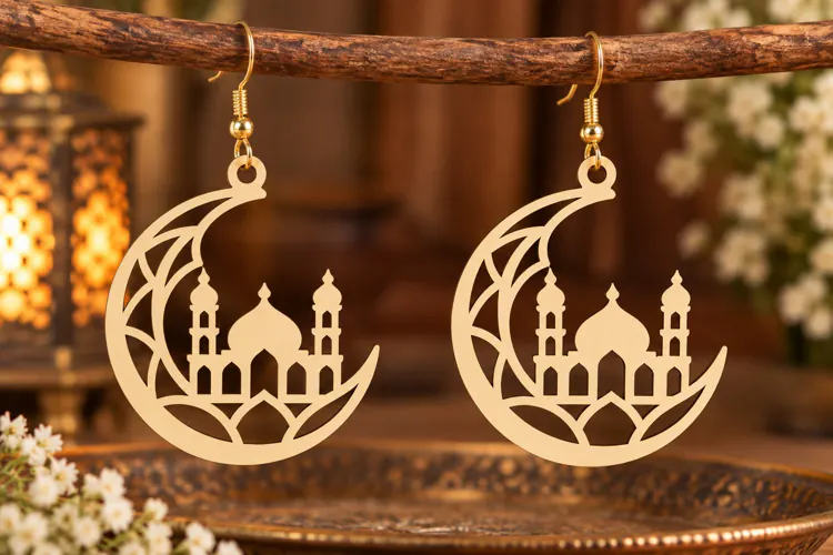 Crescent Moon Mosque Earrings Laser Cut SVG PNG Design