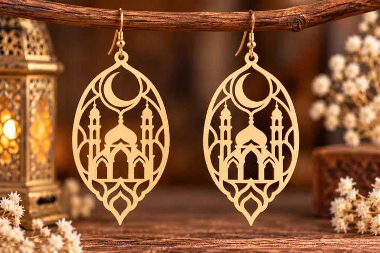 Oval Crescent Mosque Earrings Laser Cut SVG PNG Design,