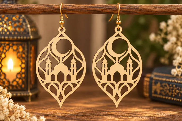 Ornate Leaf Mosque Earrings Laser Cut SVG PNG Design