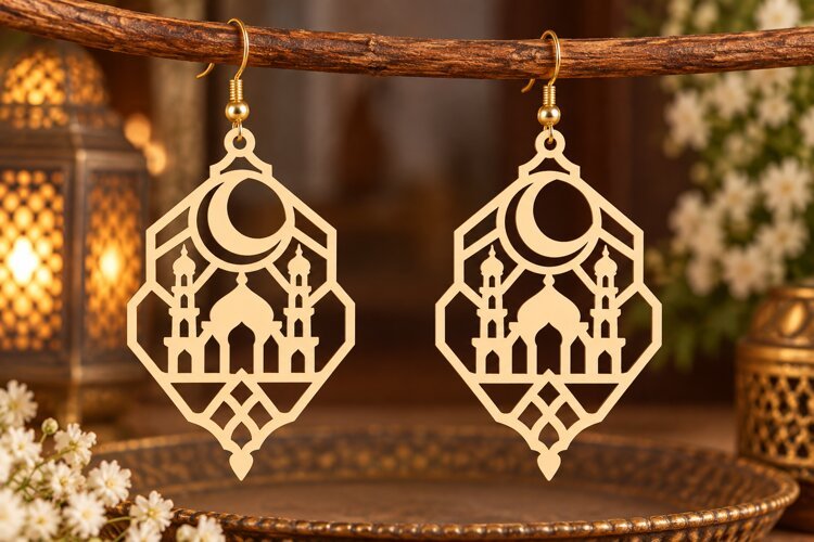 Geometric Mosque Lantern Earrings Laser Cut SVG PNG Design example image 1