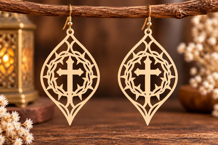 Gothic Cross Leaf Earrings Laser Cut SVG PNG Design, cross