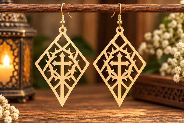 Floral Teardrop Cross Earrings Laser Cut SVG PNG Design example image 1
