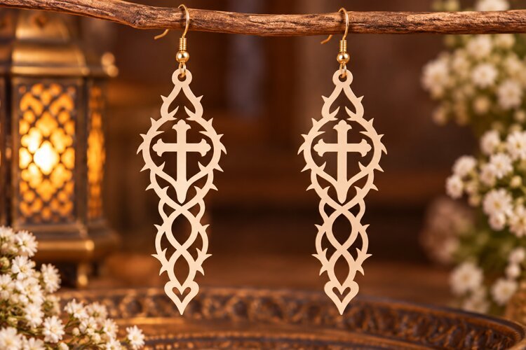 Ornate Filigree Cross Earrings Laser Cut SVG PNG Design example image 1