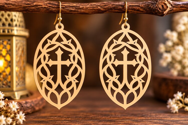 Oval Botanical Cross Earrings Laser Cut SVG PNG Design, example image 1