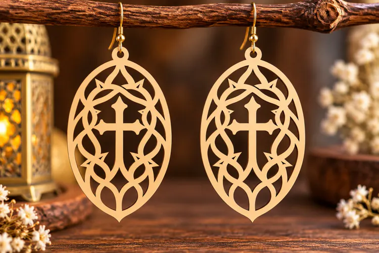 Oval Botanical Cross Earrings Laser Cut SVG PNG Design,