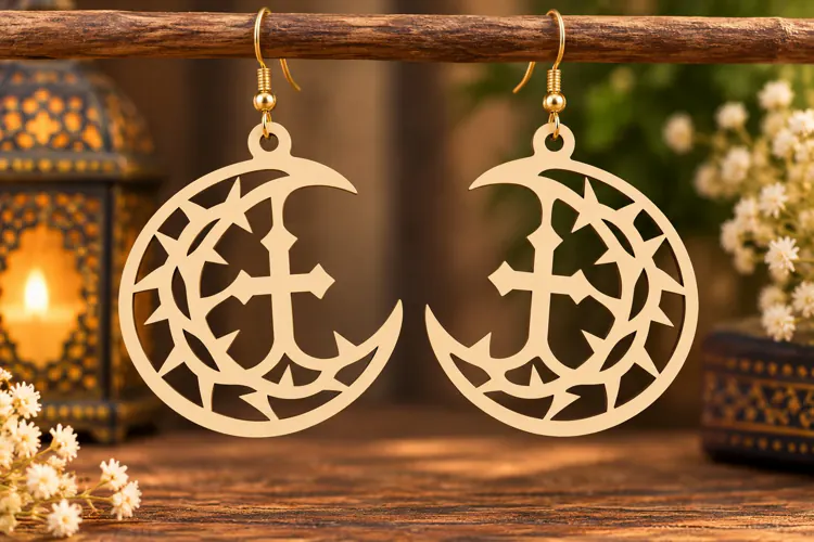 Crescent Moon Cross Earrings Laser Cut SVG PNG Design, cresc