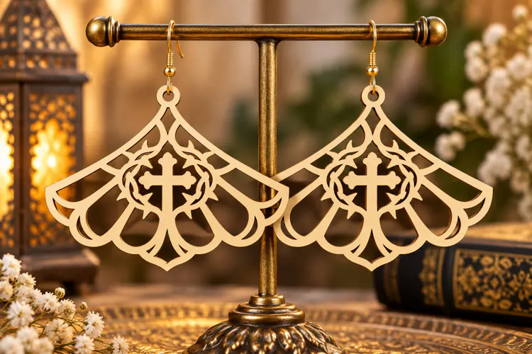 Fan Shape Gothic Cross Earrings Laser Cut SVG PNG Design