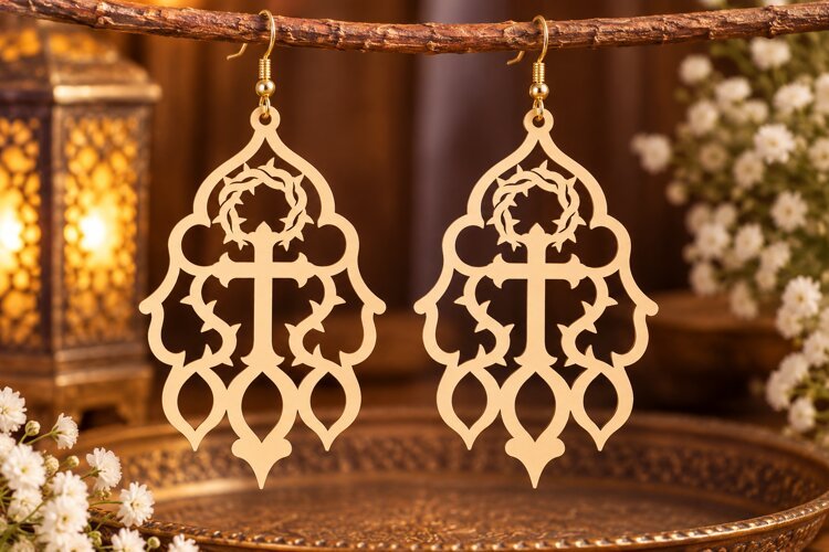 Baroque Floral Cross Earrings Laser Cut SVG PNG Design example image 1