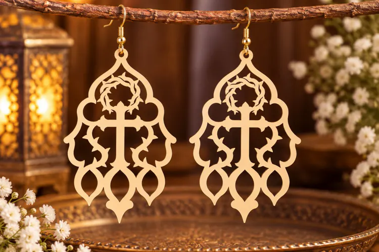 Baroque Floral Cross Earrings Laser Cut SVG PNG Design