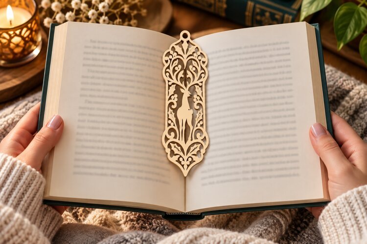 Ornate Floral Deer Bookmark Laser Cut SVG PNG Design, Woodla example image 1