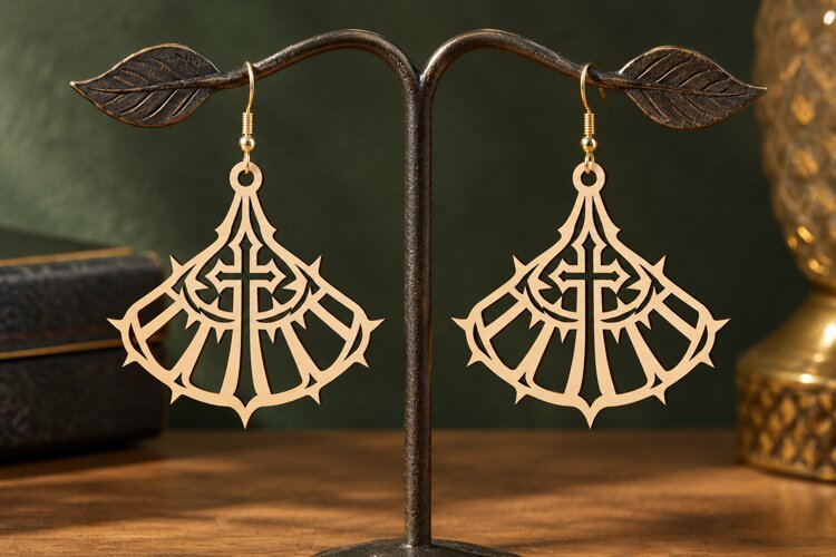 Fan Shape Gothic Cross Earrings Laser Cut SVG PNG Design example image 1