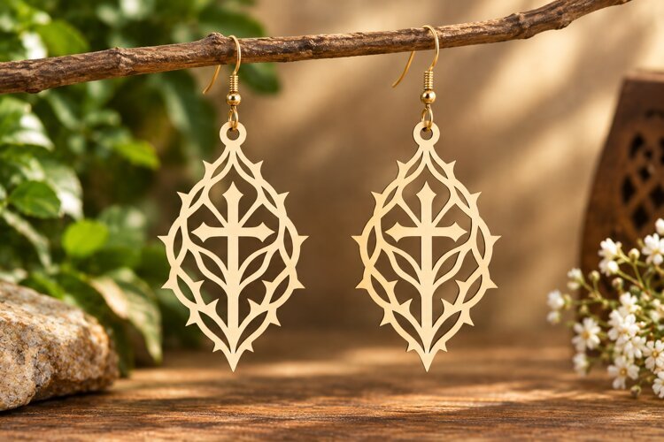 Teardrop Lotus Floral Earrings Laser Cut SVG PNG Design, example image 1