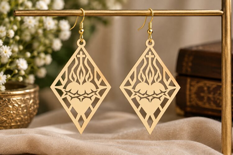 Diamond Floral Earrings Laser Cut SVG PNG Design, Geometric example image 1
