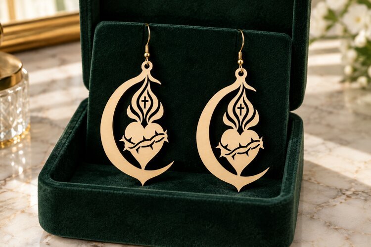 Crescent Floral Earrings Laser Cut SVG PNG Design, Moon Earr example image 1