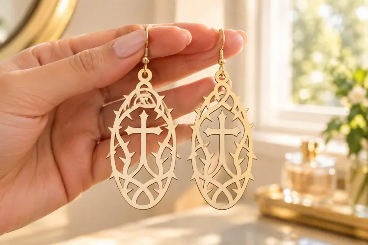 Oval Floral Cross Earrings Laser Cut SVG PNG Design, Christ