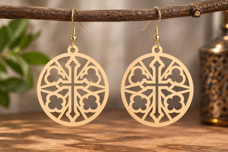 Round Islamic Cross Pattern Earrings Laser Cut SVG PNG Desig example image 1