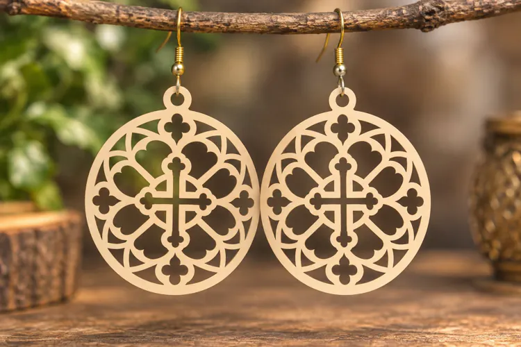 Round Ornate Cross Earrings Laser Cut SVG PNG Design