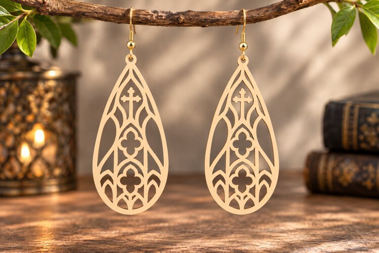 Teardrop Gothic Cross Earrings Laser Cut SVG PNG Design example image 1