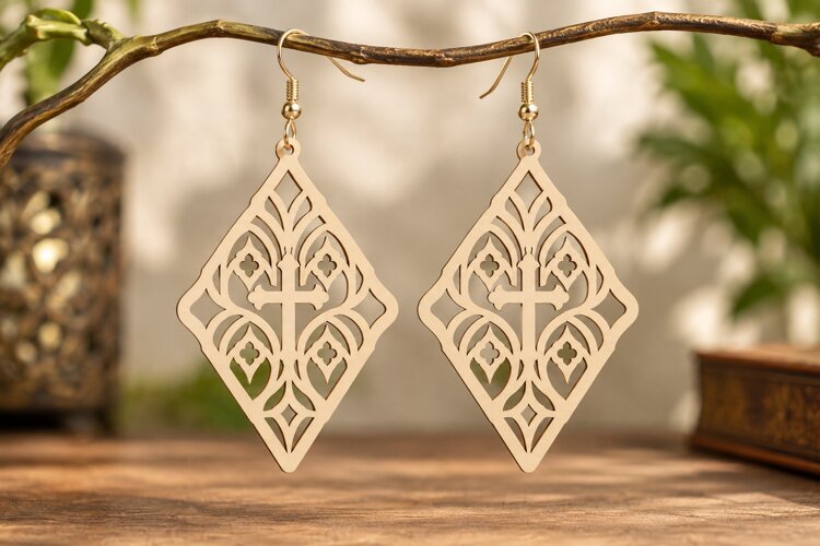 Diamond Geometric Cross Earrings Laser Cut SVG PNG Design example image 1