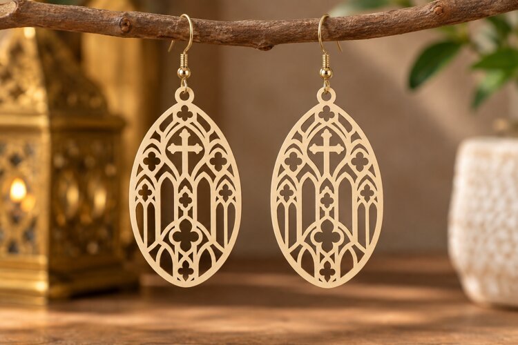 Oval Cathedral Cross Earrings Laser Cut SVG PNG Design example image 1