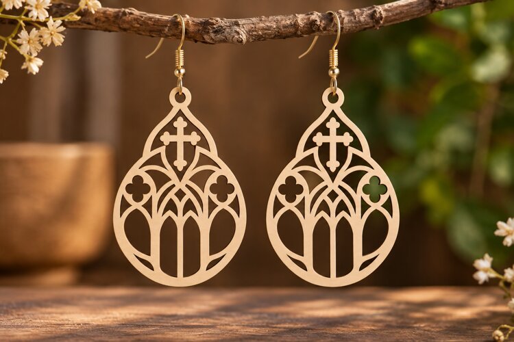 Arched Gothic Cross Earrings Laser Cut SVG PNG Design example image 1