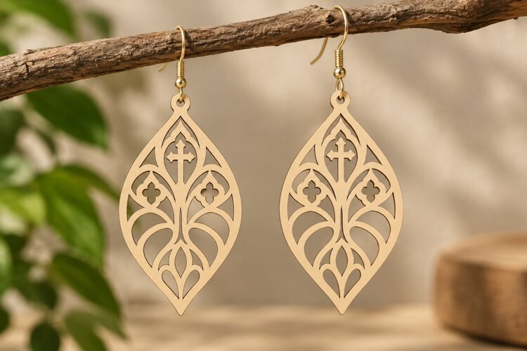 Leaf Floral Cross Earrings Laser Cut SVG PNG Design, Christi example image 1